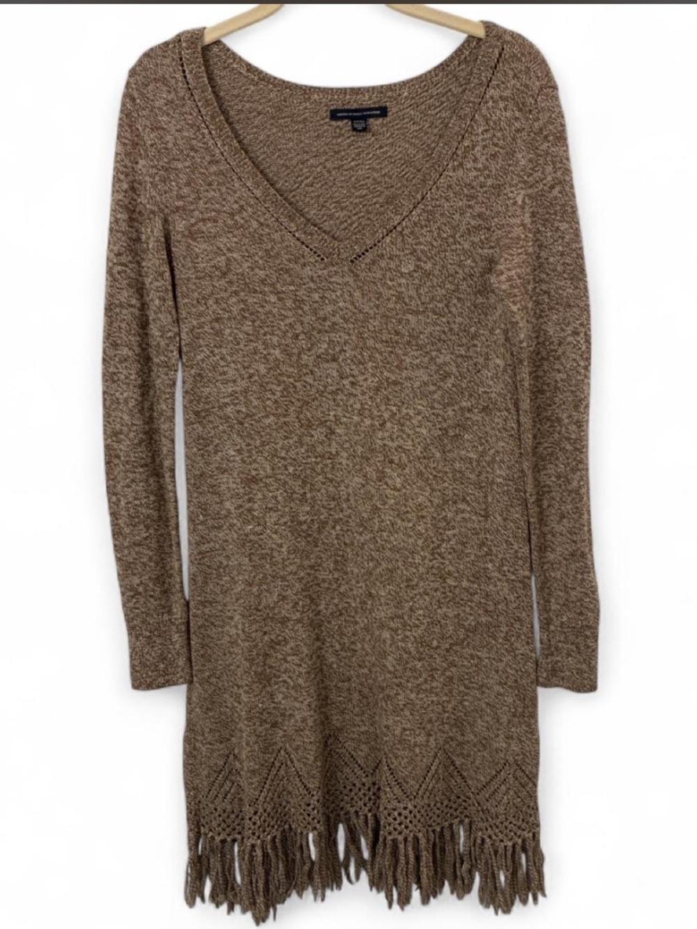 American Eagle Outfitters Brown V-Neck Fringe Hem Sweater Dress